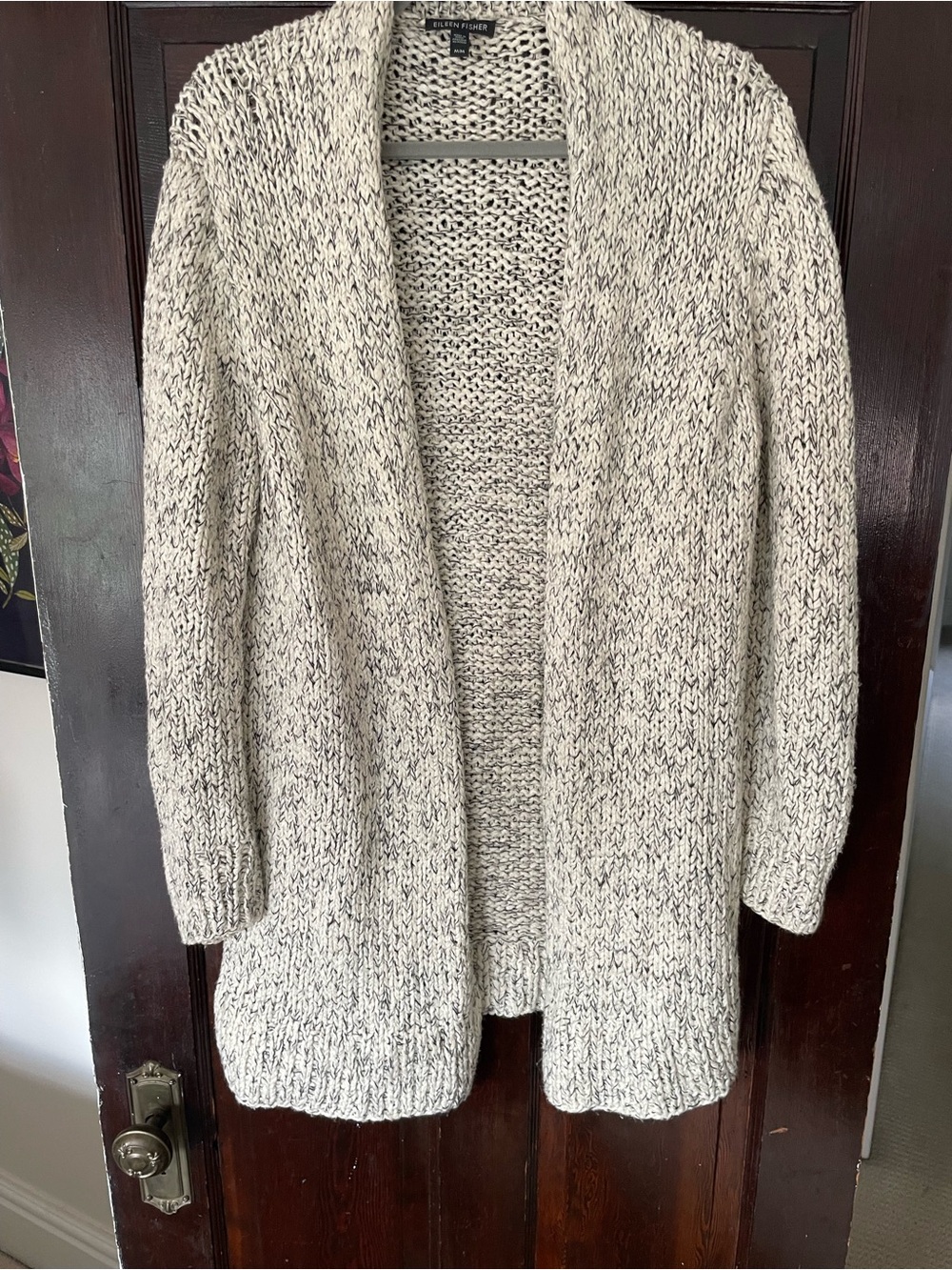 Eileen Fisher Cream and Black Marled Open-Front Knit Cardigan